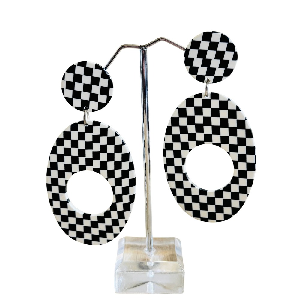 VTG Funky Flashy Checkered Earrings Lucite Runway Rave Dangle 80s Statement Post